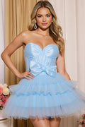 Blue A Line Sweetheart Tiered Ruffled Short Homecoming Dress with Bow