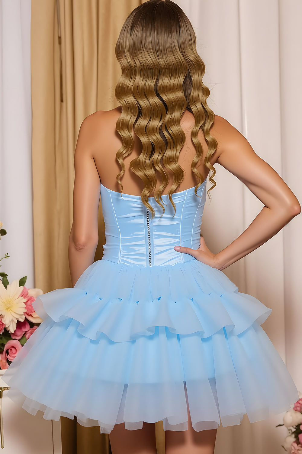 Blue A Line Sweetheart Tiered Ruffled Short Homecoming Dress with Bow