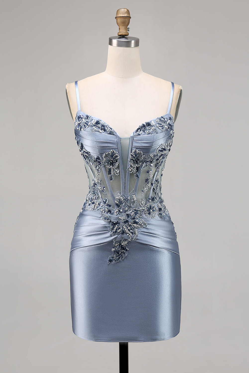 Grey Blue Corset Embroidered Satin Tight Short Homecoming Dress