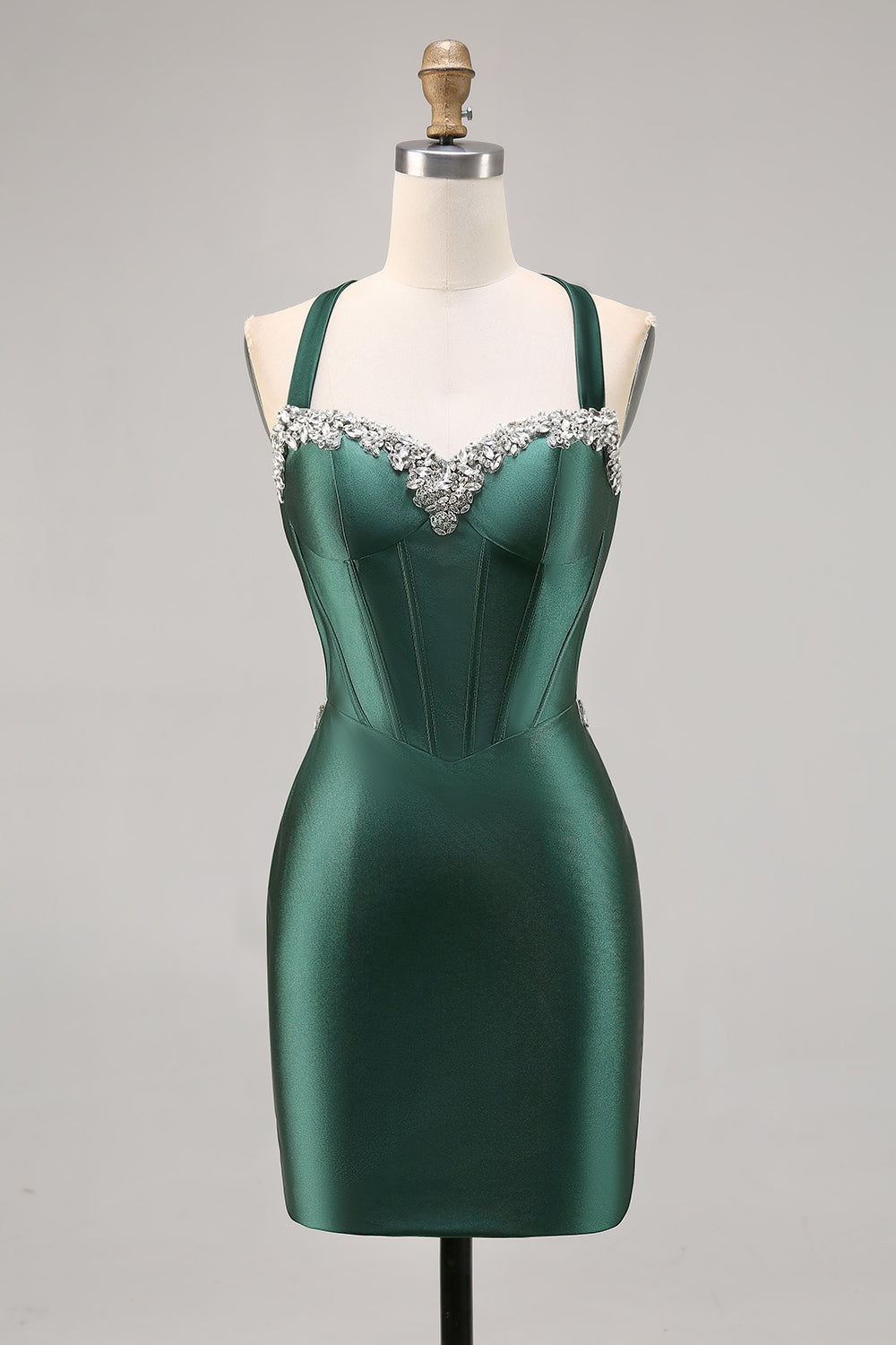Corset Satin Dark Green Short Tight Sparkly Homecoming Dress with Beading