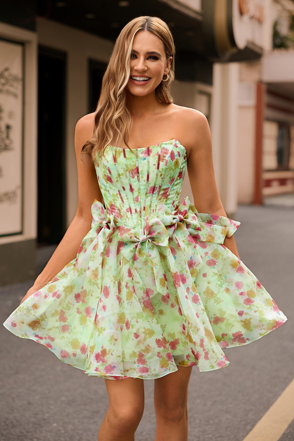 Green Floral A Line Short Corset Homecoming Dress with Bows
