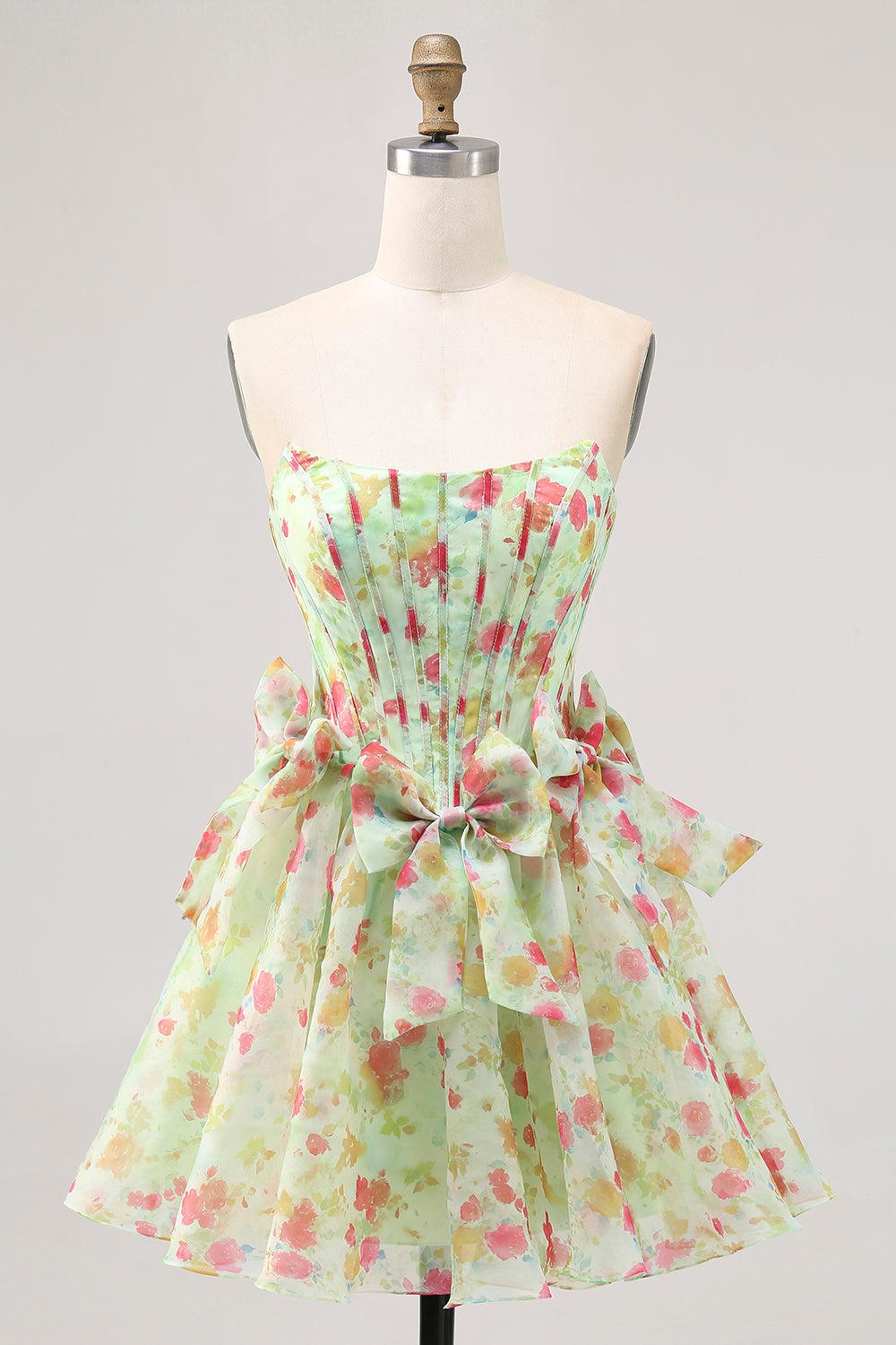Green Floral A Line Short Corset Homecoming Dress with Bows