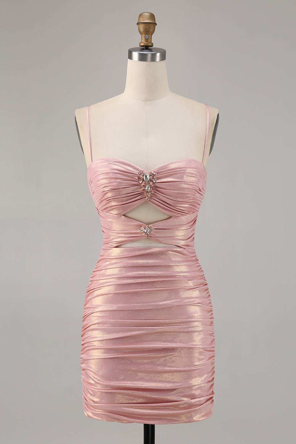 Blush Ruched Cut Out Tight Mini Homecoming Dress with Rhinestones