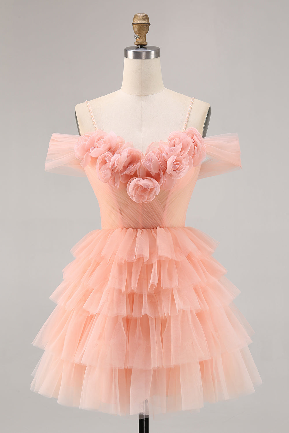 Blush Corset Tiered Tulle A Line Short Floral Homecoming Dress with Ruffles