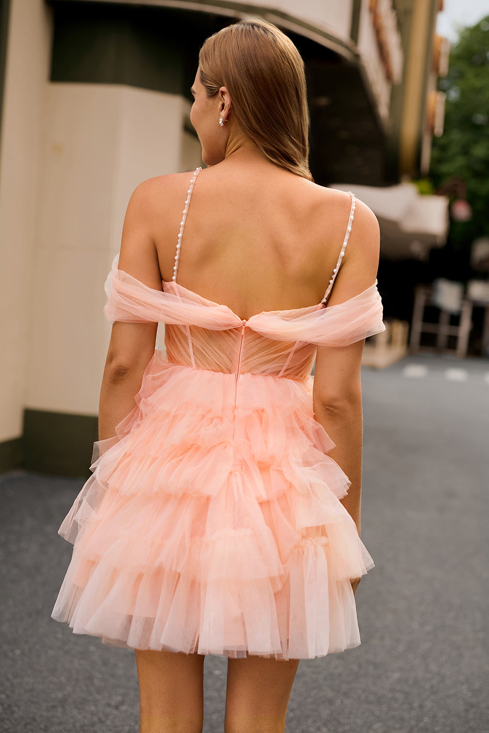 Blush Corset Tiered Tulle A Line Short Floral Homecoming Dress with Ruffles