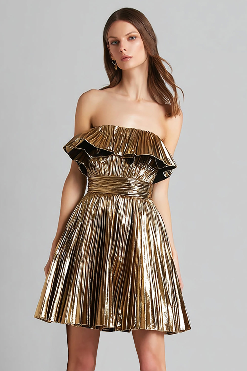 Gold Metallic Pleated Strapless A Line Short Cocktail Dress
