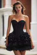 Black Sweetheart Satin Corset A Line Ruffled Short Cocktail Dress