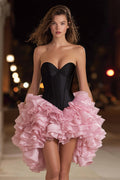 Black and Pink Sweetheart A Line Ruffled Short Cocktail Dress