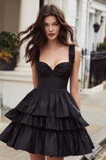 Black Thick Straps Ruffled A Line Short Cocktail Dress