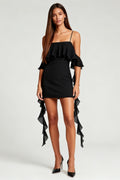 Black Cold Shoulder Bodycon Short Cocktail Dress with Ruffles