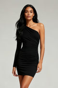 Black Tight One Shoulder Short Cocktail Dress with Sleeves