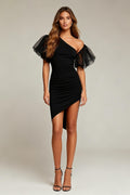 Black Asymmetrical Short Tight Cocktail Dress with Sleeves