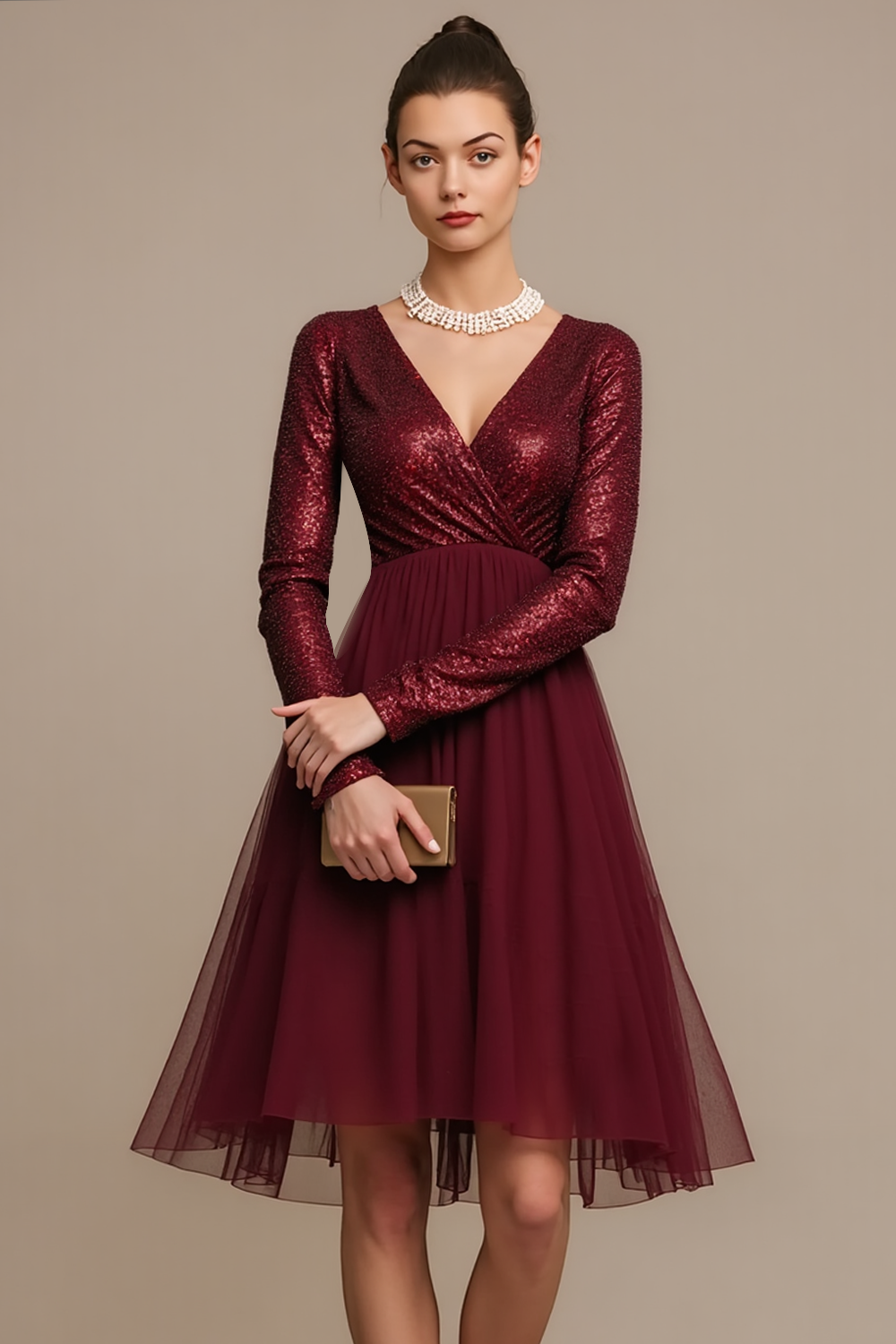 Burgundy Sequins Short A Line Cocktail Party Dress with Sleeves