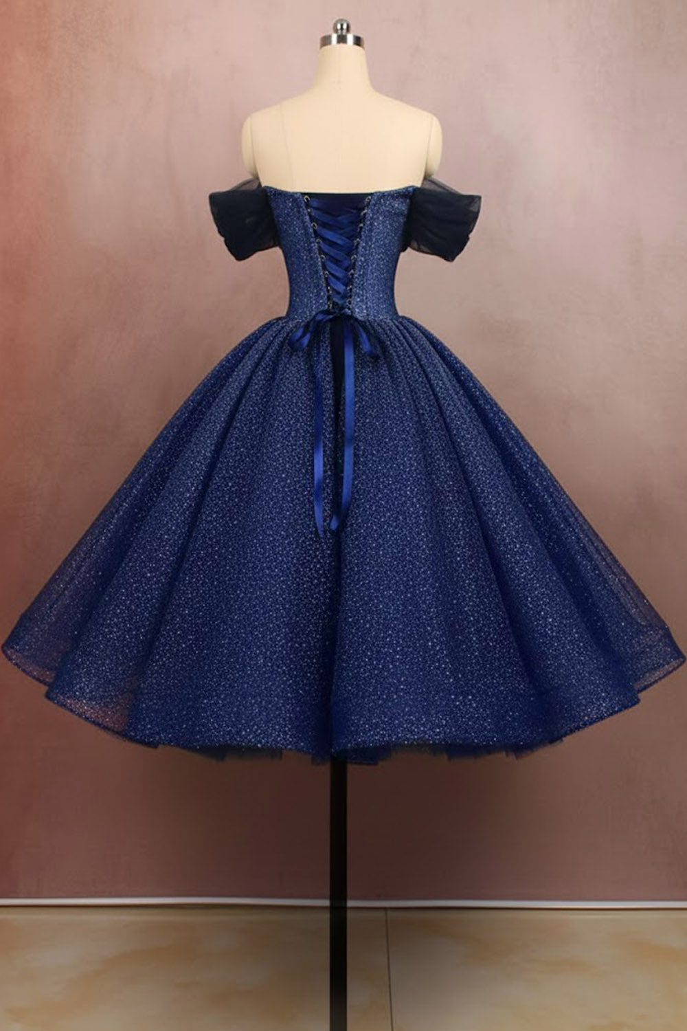 Blue Off the Shoulder A Line Midi Cocktail Dress