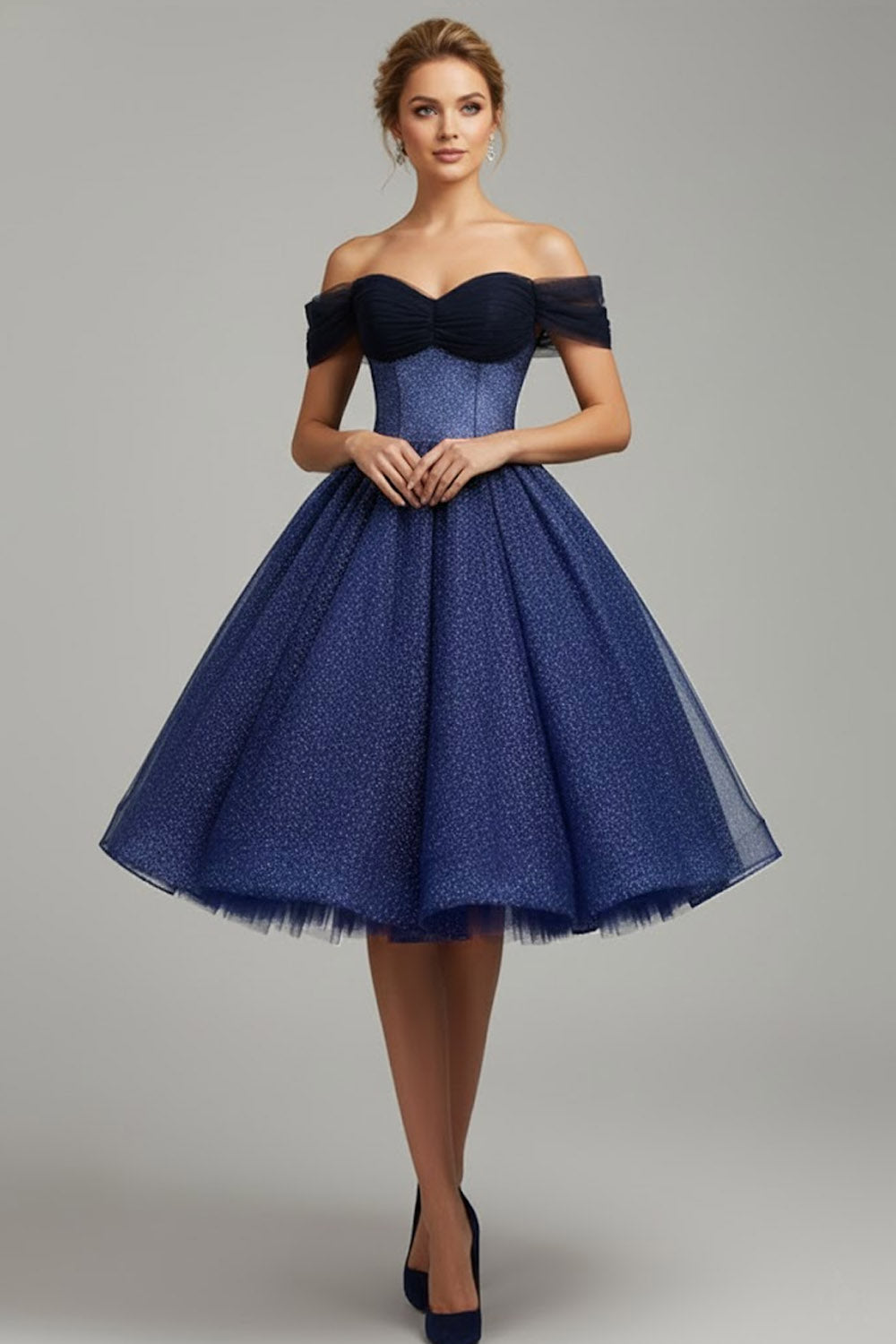 Blue Off the Shoulder A Line Midi Cocktail Dress