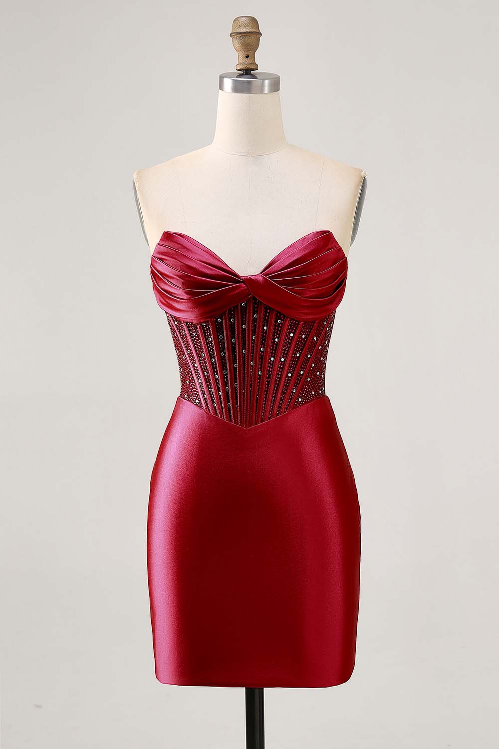 Fuchsia Tight Corset Strapless Short Satin Homecoming Dress with Rhinestones