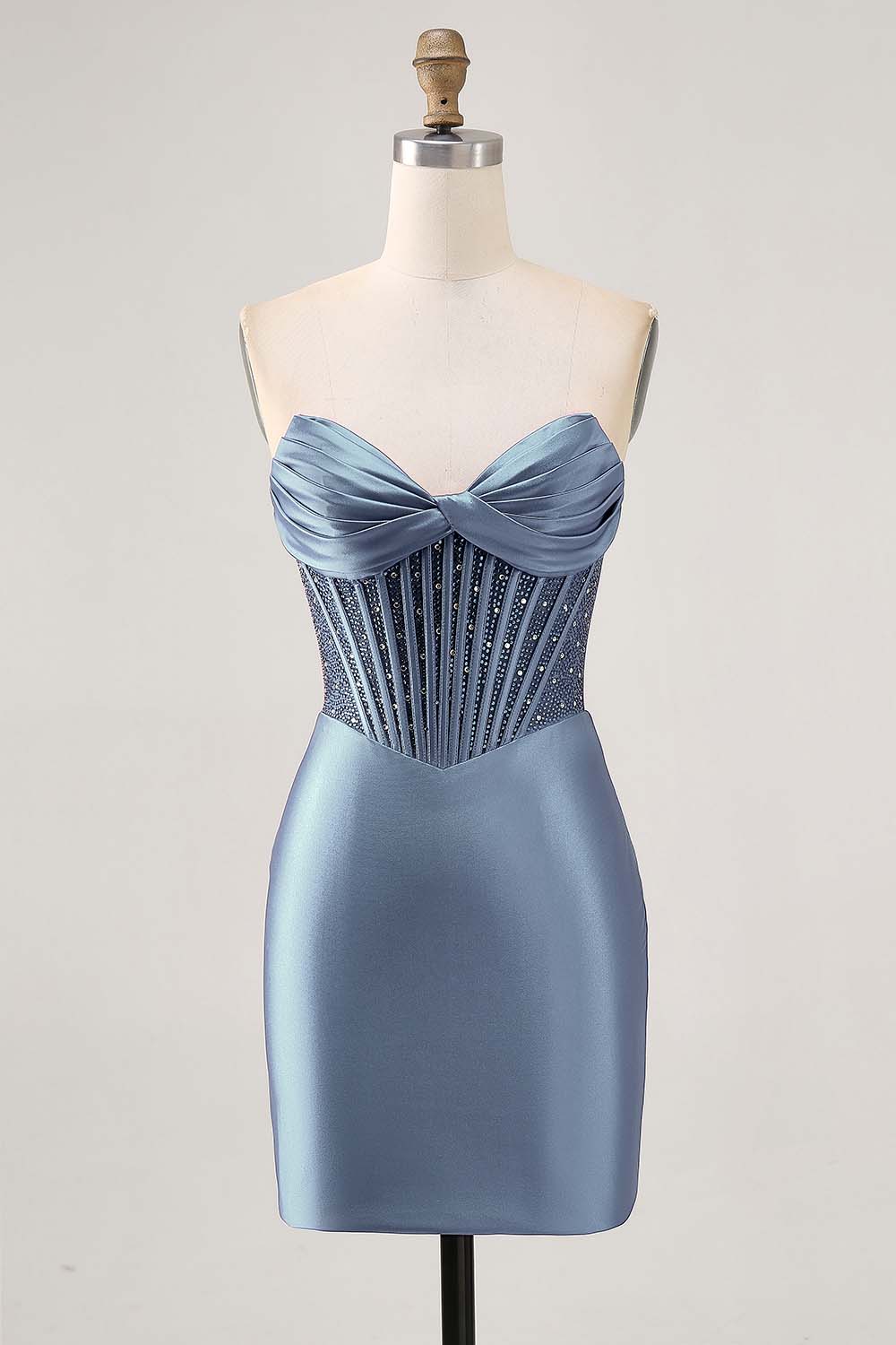 Fuchsia Tight Corset Strapless Short Satin Homecoming Dress with Rhinestones