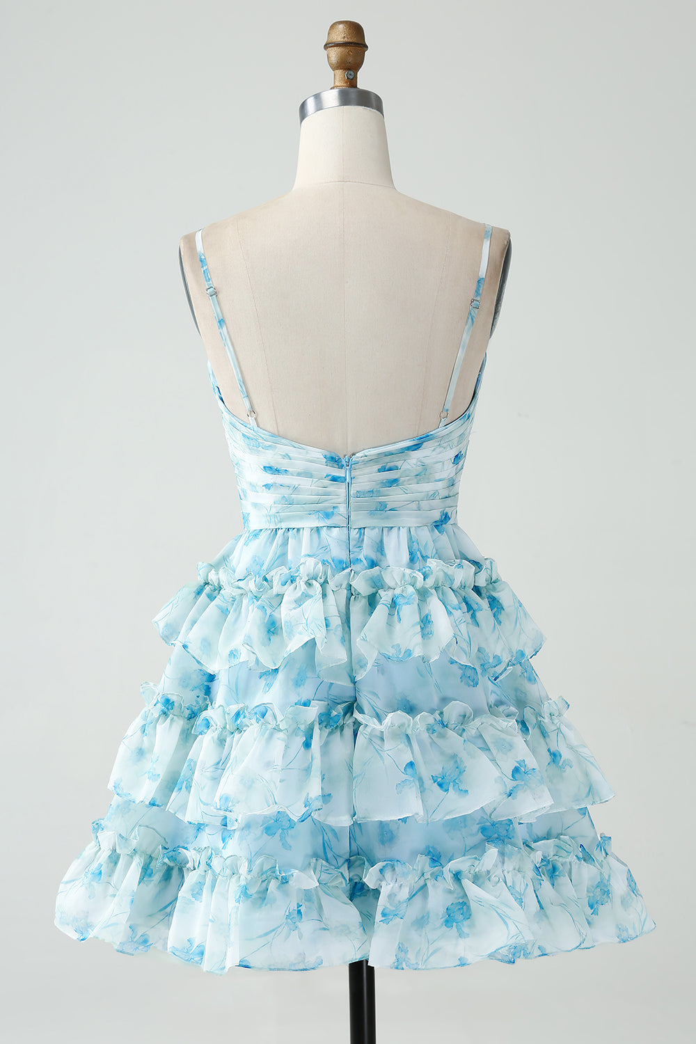 A-Line Spaghetti Straps Tiered Blue Floral Short Homecoming Dress with Ruffles